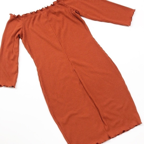 Iris burnt orange ribbed off the shoulder button front dress - Picture 2 of 5